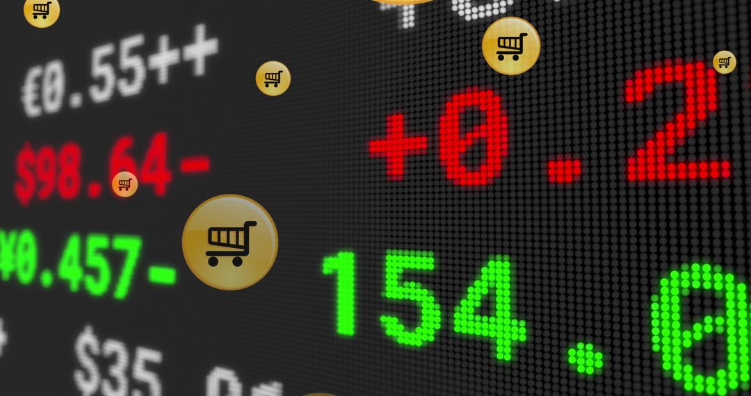 Digital Shopping Icons Overlie Stock Market Exchange Display