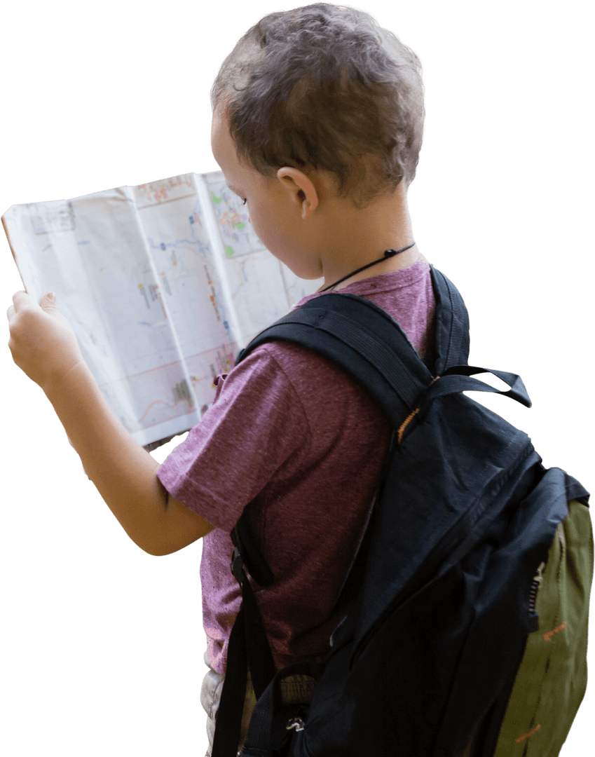 Curious Boy with Backpack Holding Transparent Map on Adventure