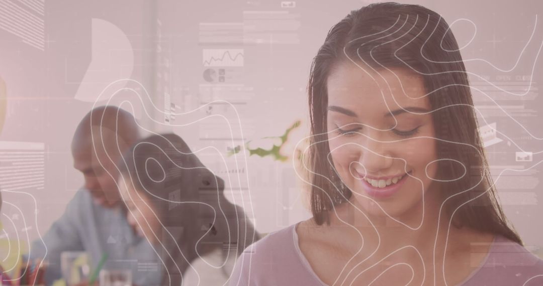 Businesswoman Analyzing Financial Data on Tablet With Digital Interface Overlay