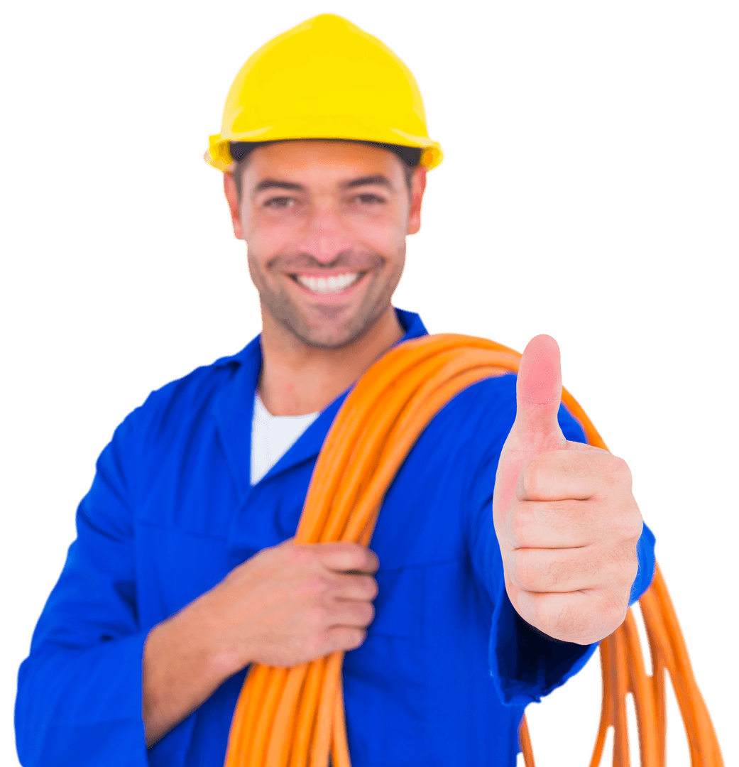 Transparent Background Happy Electrician Thumbs Up with Wire