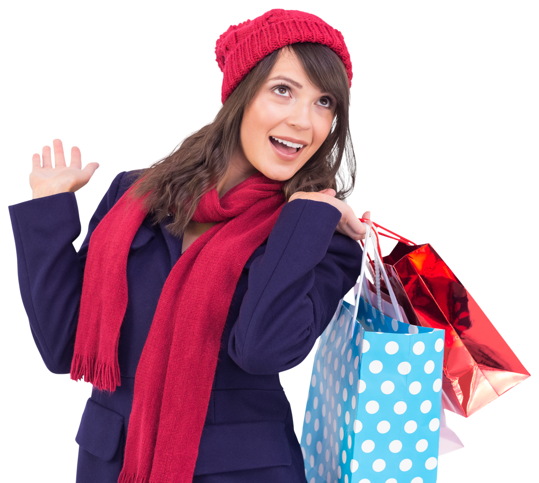 Smiling Brunette with Shopping Bags Wearing Winter Clothes on Transparent Background - Download Free Stock Images Pikwizard.com