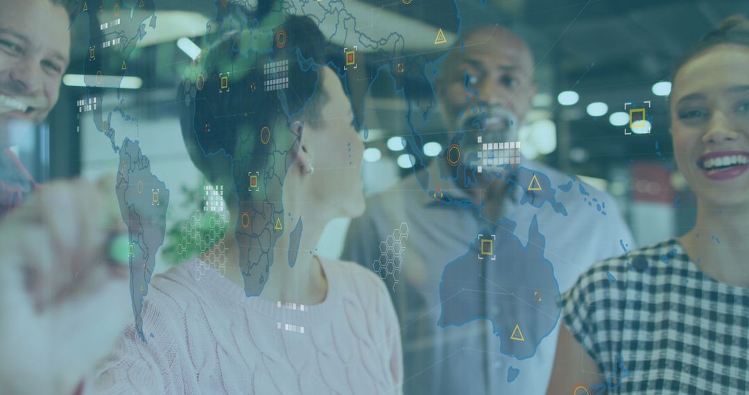 Collaborative Team Discussing Global Data Analytics in Modern Office