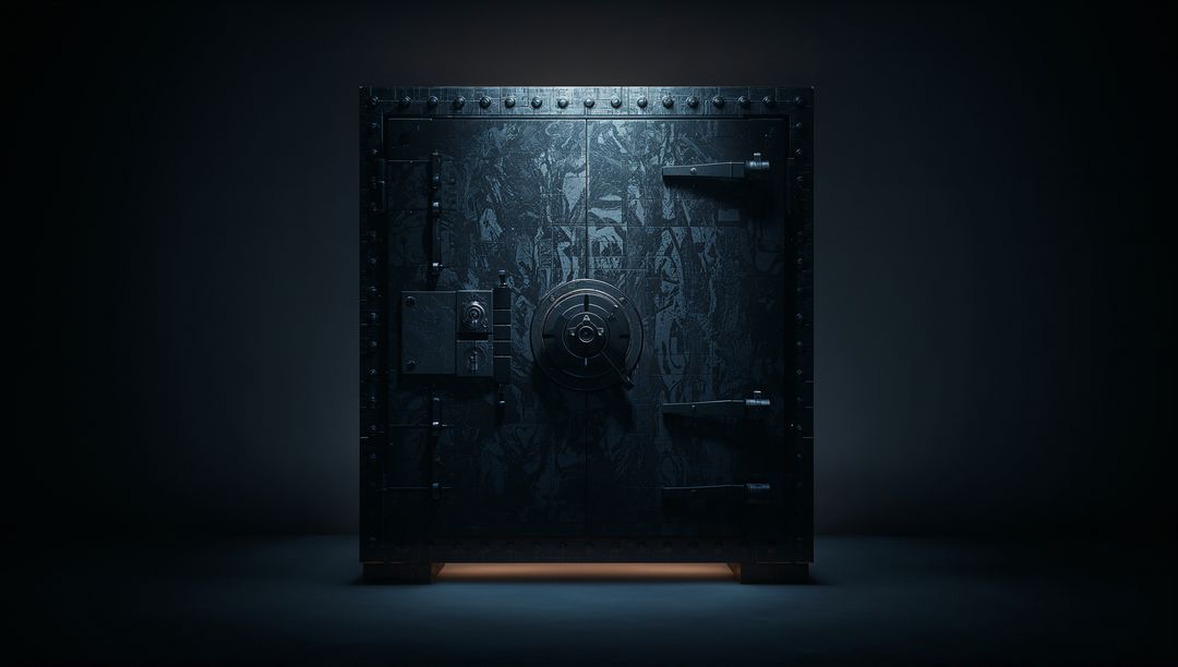 Massive Industrial Vault Door with Central Combination Wheel and Riveted Steel Frame