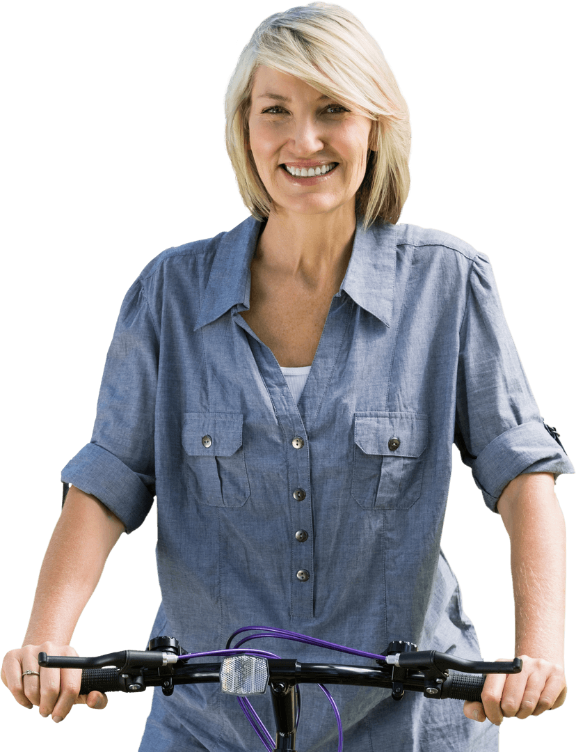 Smiling Woman on Bicycle in Casual Attire with Transparent Background
