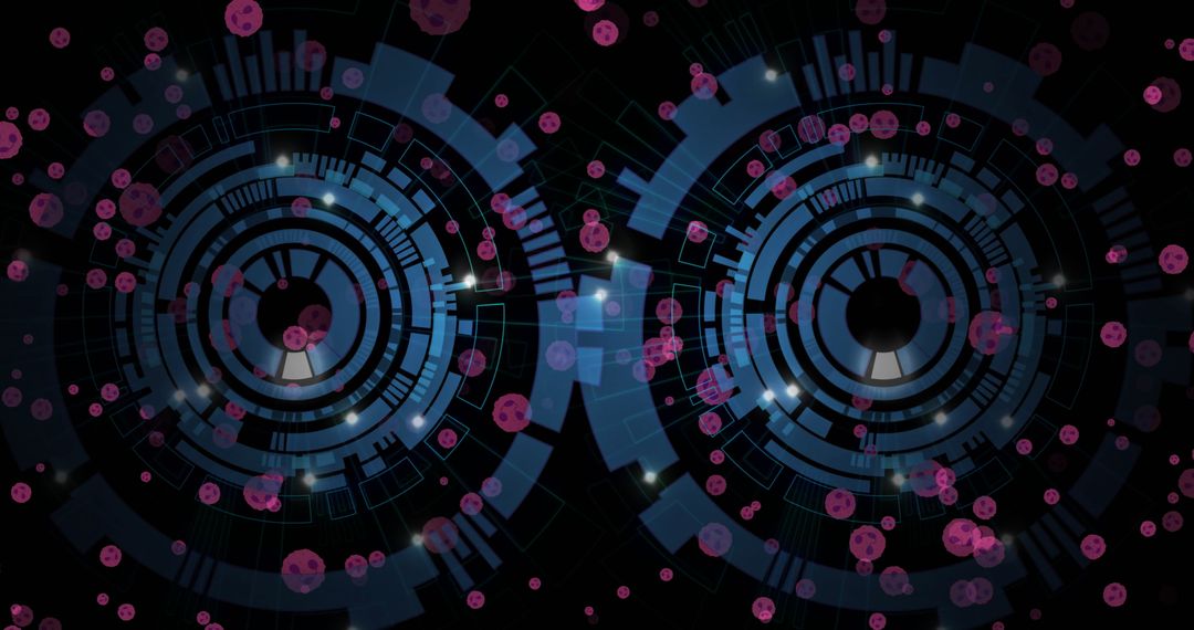 Futuristic Digital Interface with Scanning Circles and Floating Icons