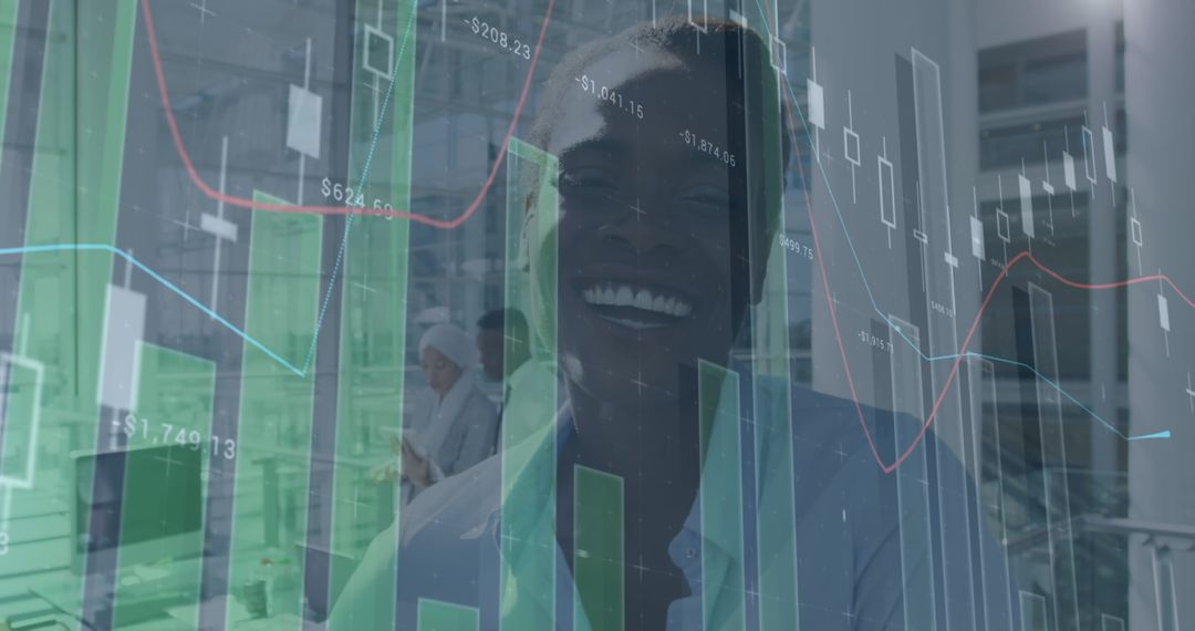 Digital Financial Data Display with Smiling Businesswoman