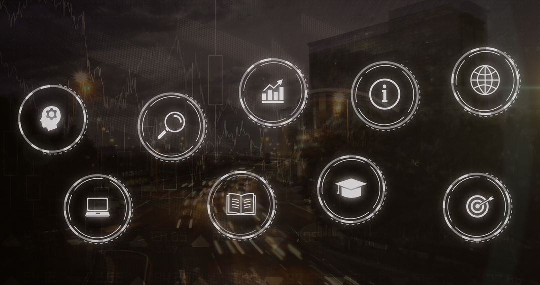 Digital Icons Over Cityscape Representing Technology and Business Concepts
