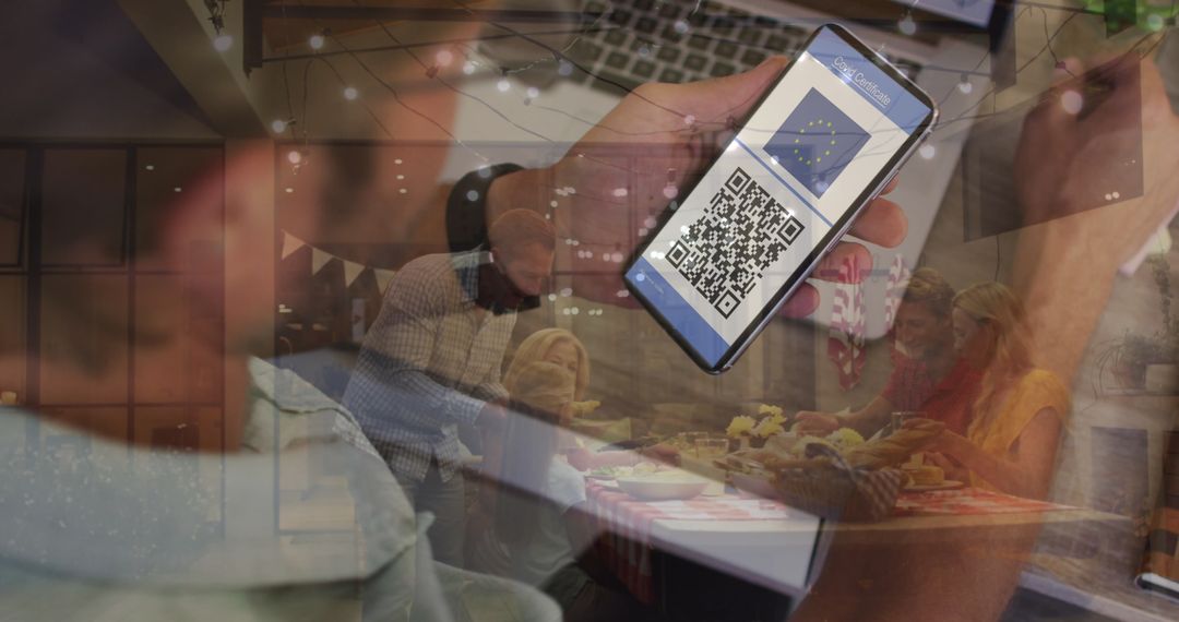 Man Holding Vaccination Passport on Smartphone and People Dinning Together