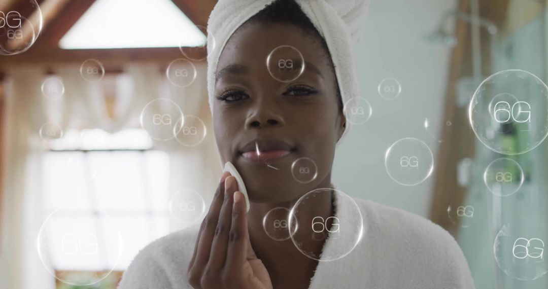 Woman Practicing Skincare Routine with Futuristic 6G Technology Graphics