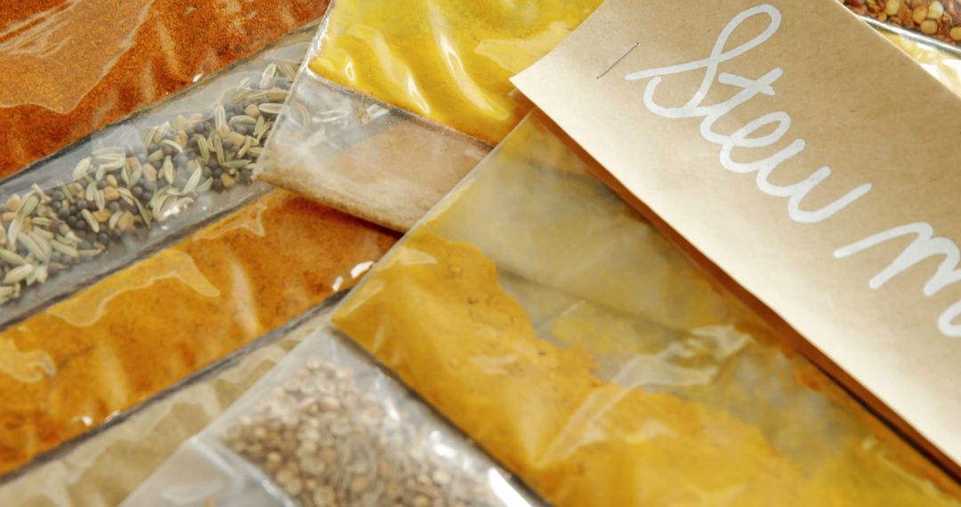 Selection of Colorful Spices in Plastic Bags with Handmade Label - Free Images, Stock Photos and Pictures on Pikwizard.com