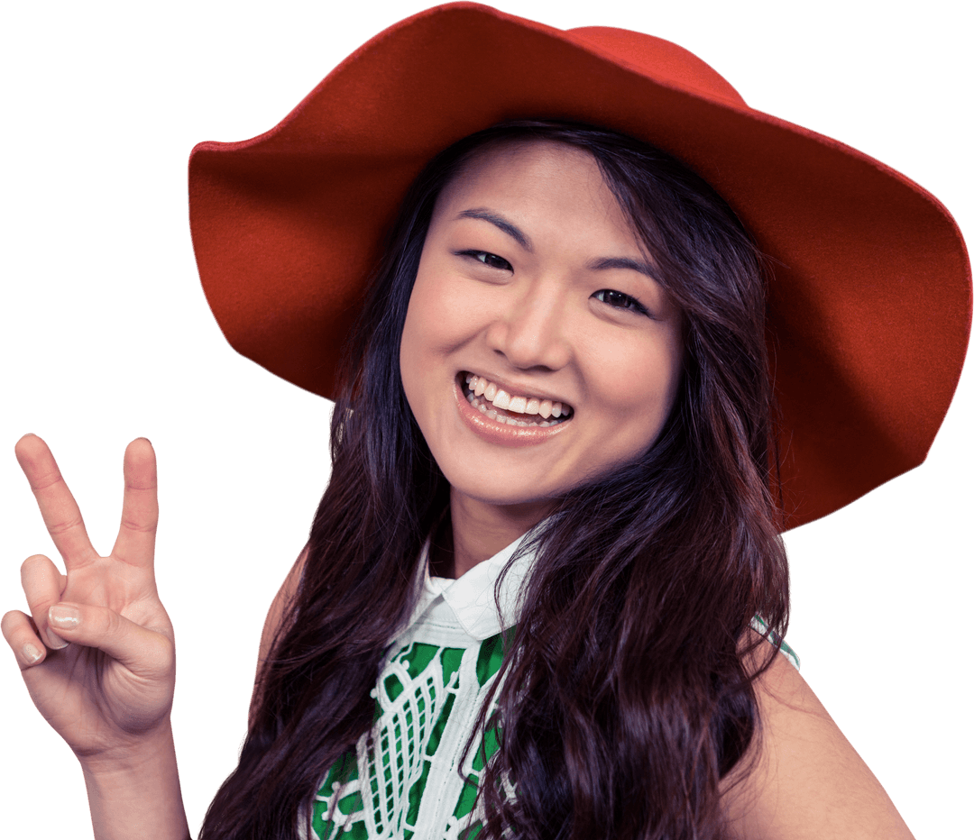 Smiling Woman in Red Hat Making V Sign Against Transparent Background