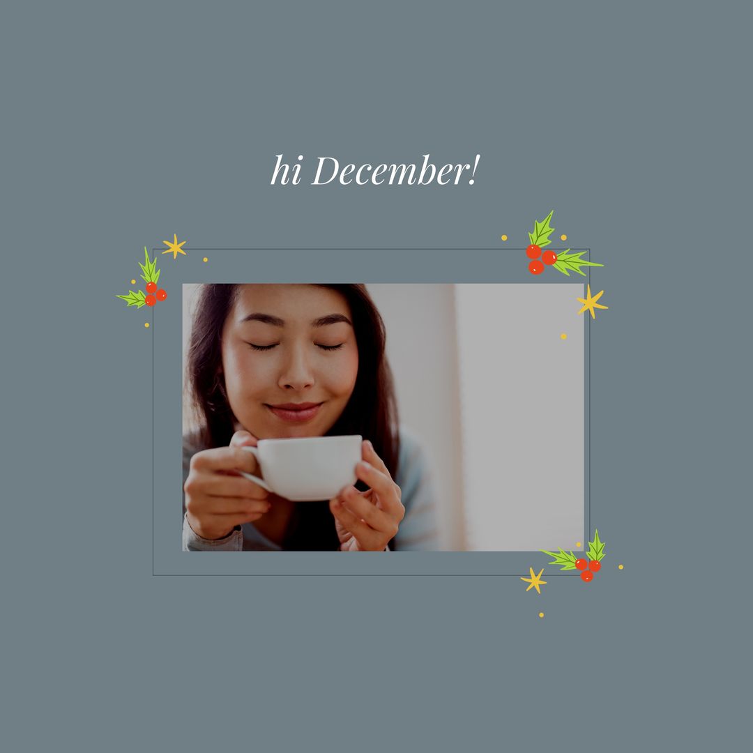Asian Woman Smiling and Sipping Coffee with December Greetings - Download Free Stock Templates Pikwizard.com