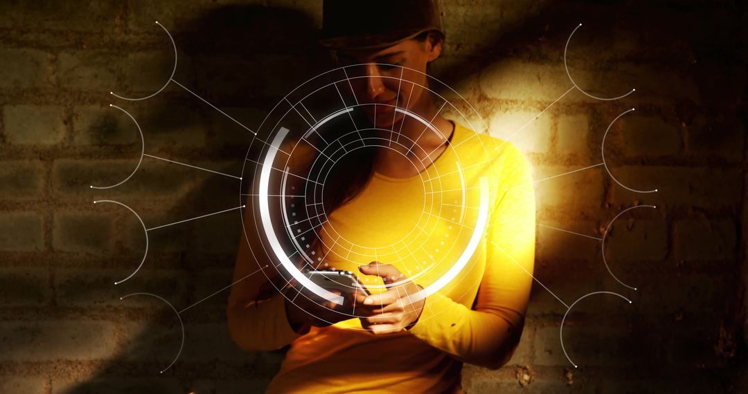 Woman Interacting with Futuristic Augmented Reality in Urban Setting