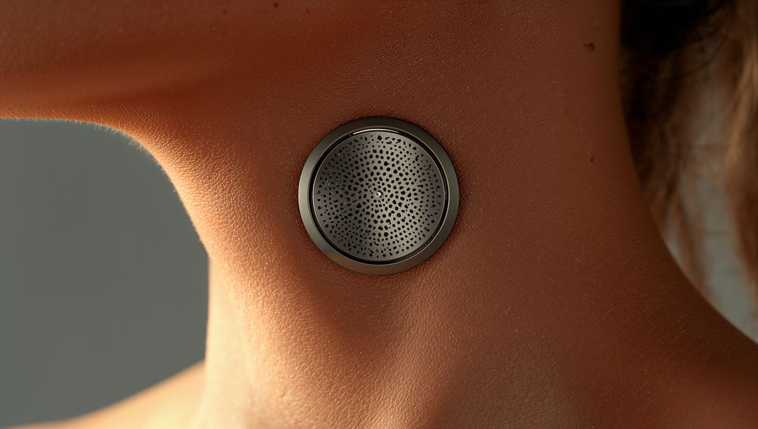 Close-up wearable neck sensor patch delivering continuous biometric monitoring, telehealth