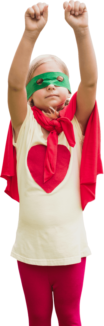 Confident Child Dressed as Superhero in Red Cape Transparent PNG