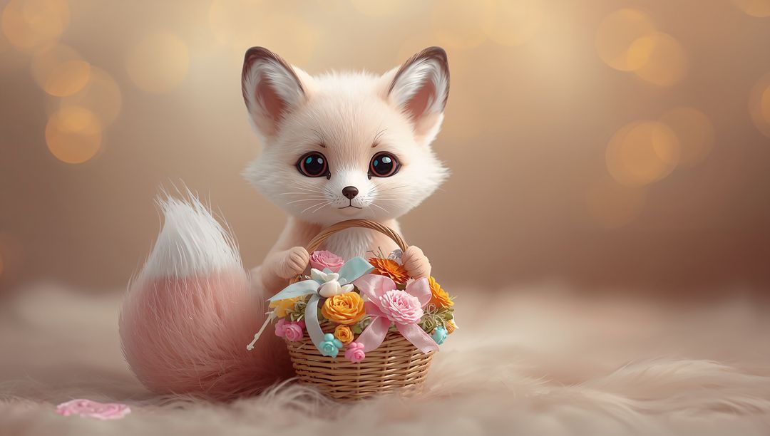 Whimsical fluffy fox holding wicker basket of pastel roses and ribbons on soft plush fur
