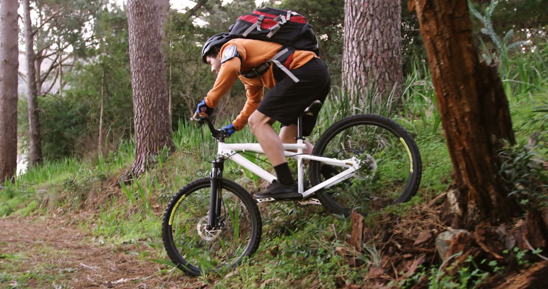 Mountain Biker Navigating Forest Trail in Active Pursuit
