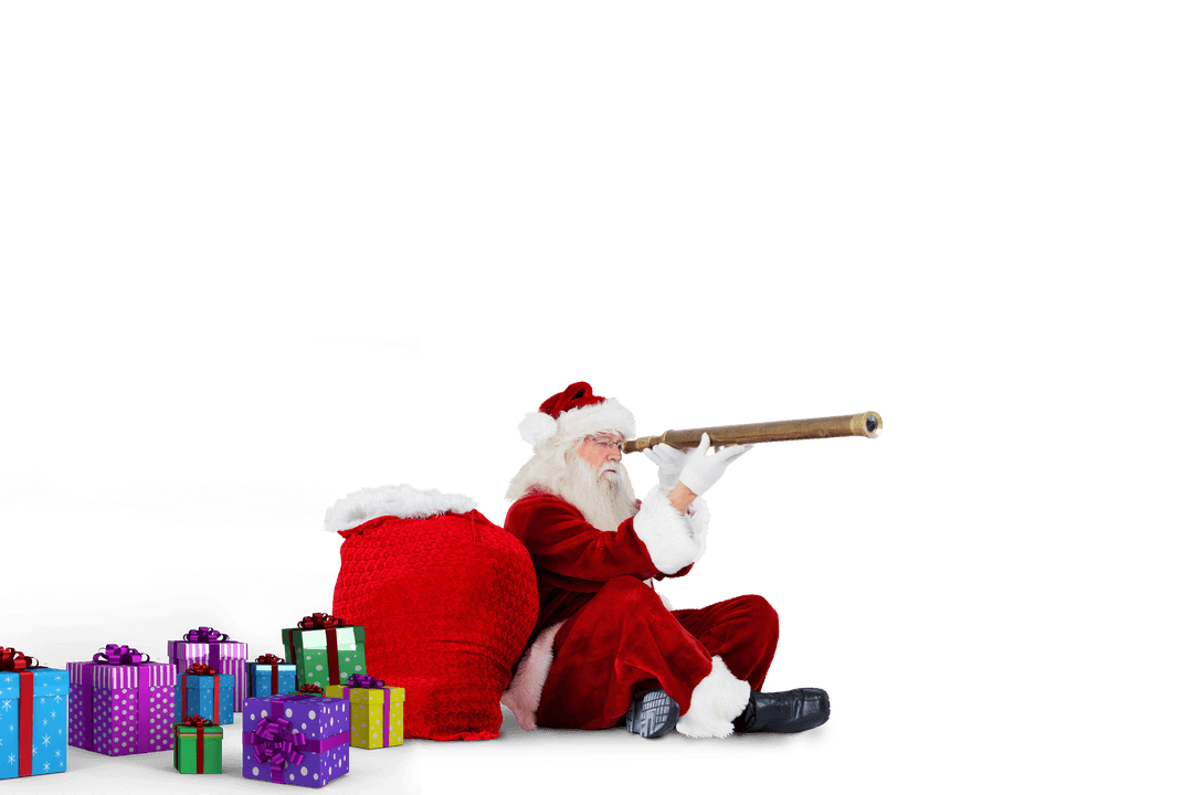 Santa Claus Looking Through Telescope With Gifts On Transparent Background
