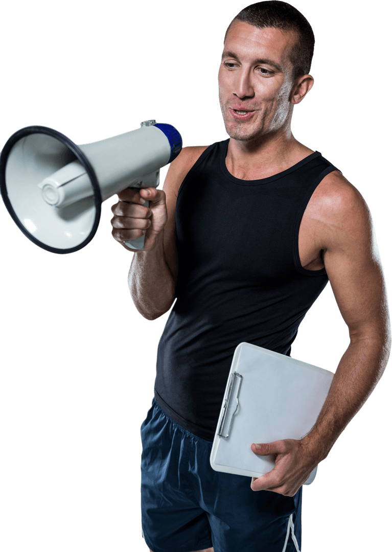 Energetic Trainer Using Megaphone with Transparent Background