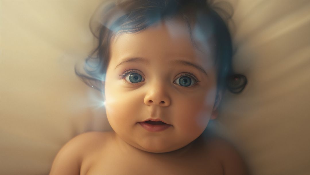 Infant Gazing with Golden Glow and Sparkles