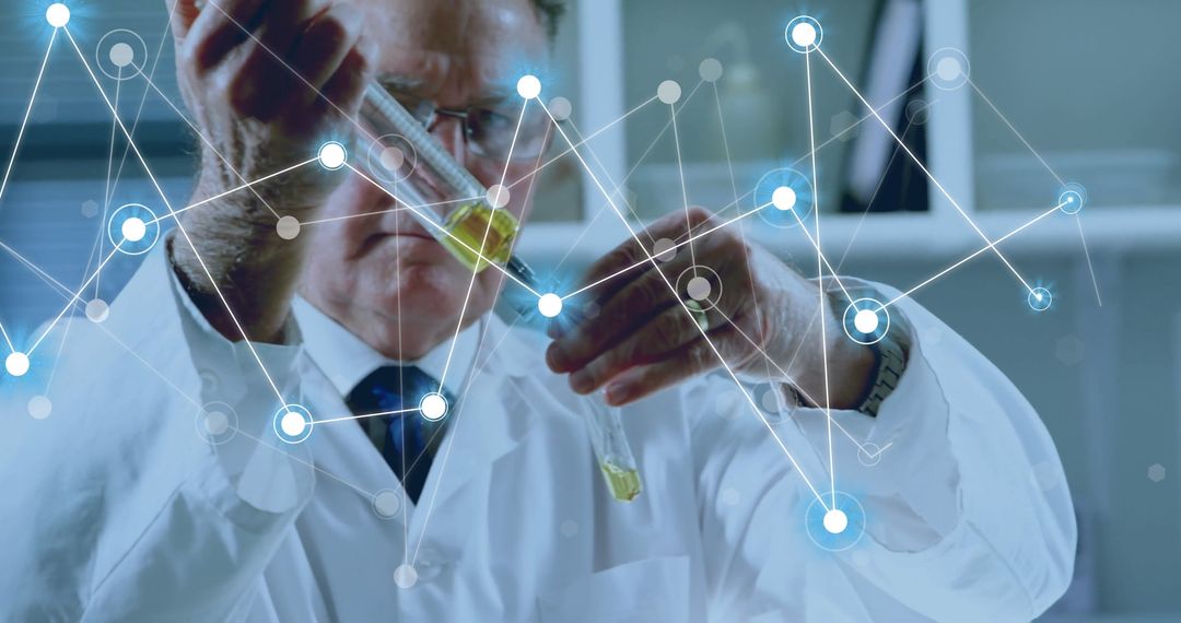 Researching Scientist Analyzing Chemical Solutions with Digital Connections Overlay