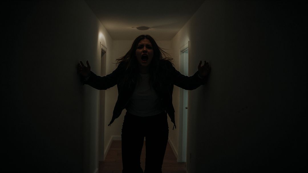Screaming Woman in Dimly Lit Hallway Expressing Fear