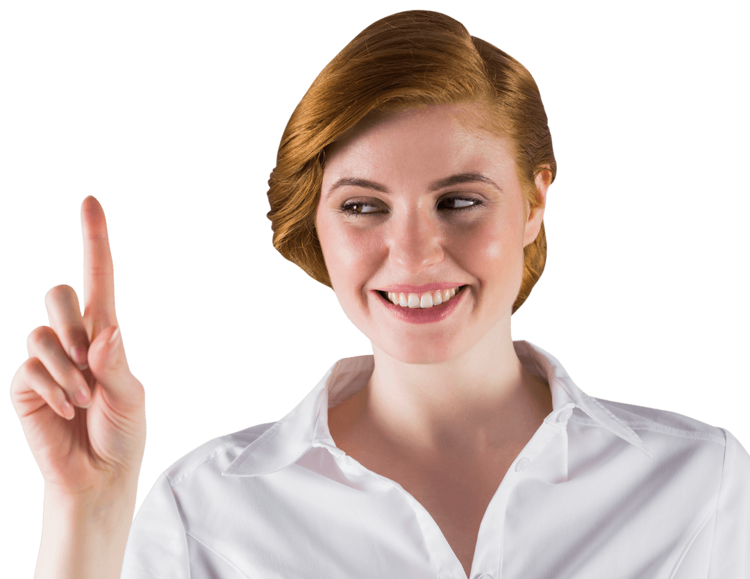 Confident Businesswoman Smiling and Pointing on Transparent Background