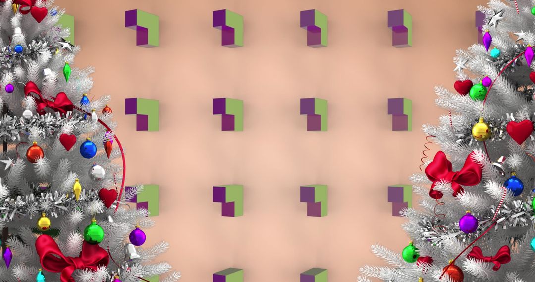 Artistic Christmas Trees with Festive Patterns and 3D Geometric Background