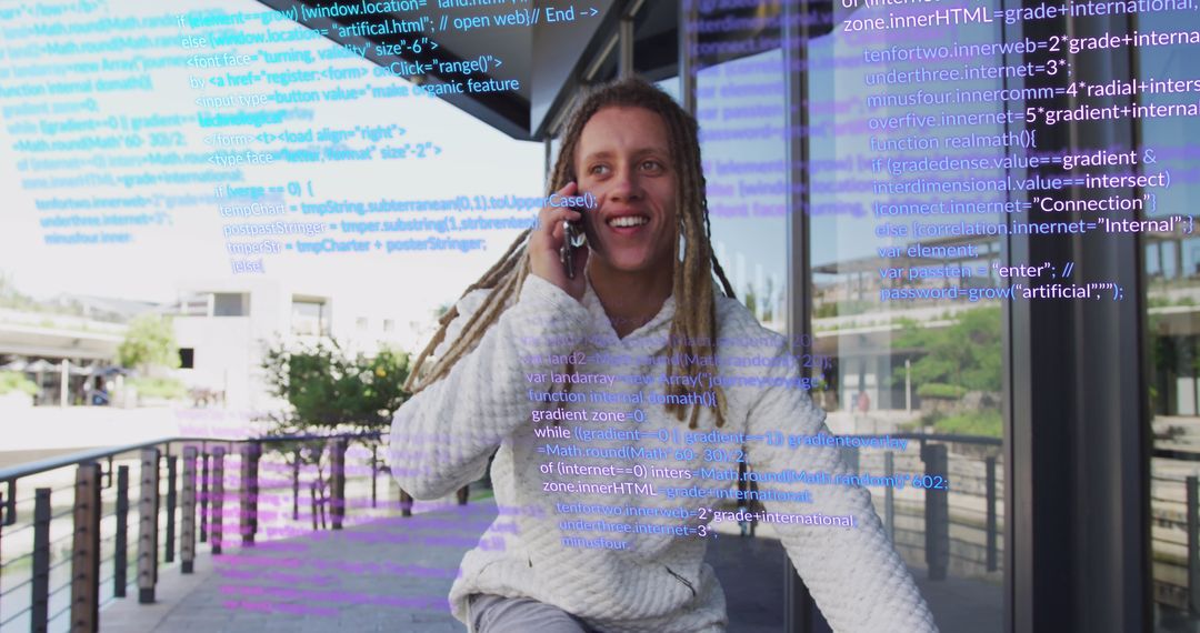 Confident Developer Talking on Smartphone with Digital Code Overlay