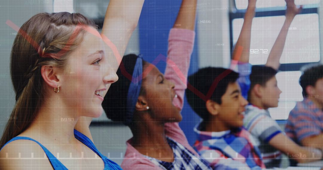 Diverse Students Engaging in Classroom with Overlay of Financial Graph