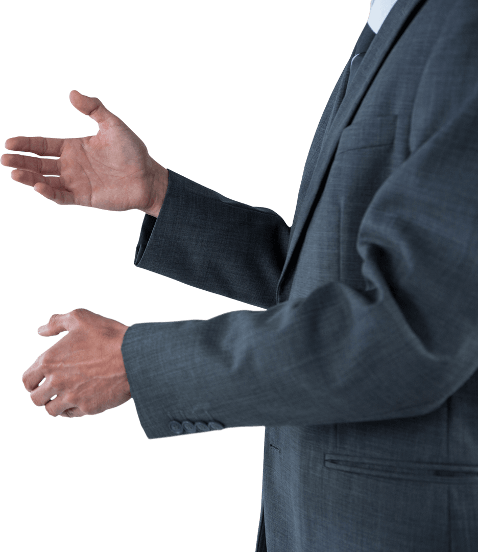 Businessman Gesturing with Hands in Presentation on Transparent Background