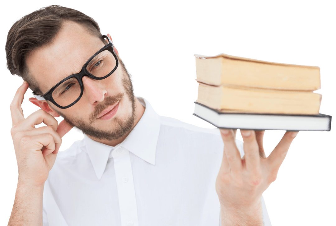 Perplexed Man Analyzing Transparent Stack of Books - Download Free Stock Images Pikwizard.com