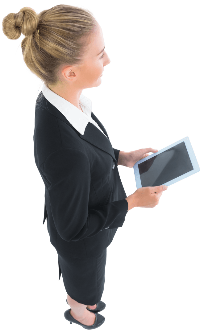 Elegant Blonde Businesswoman Holding Transparent Tablet