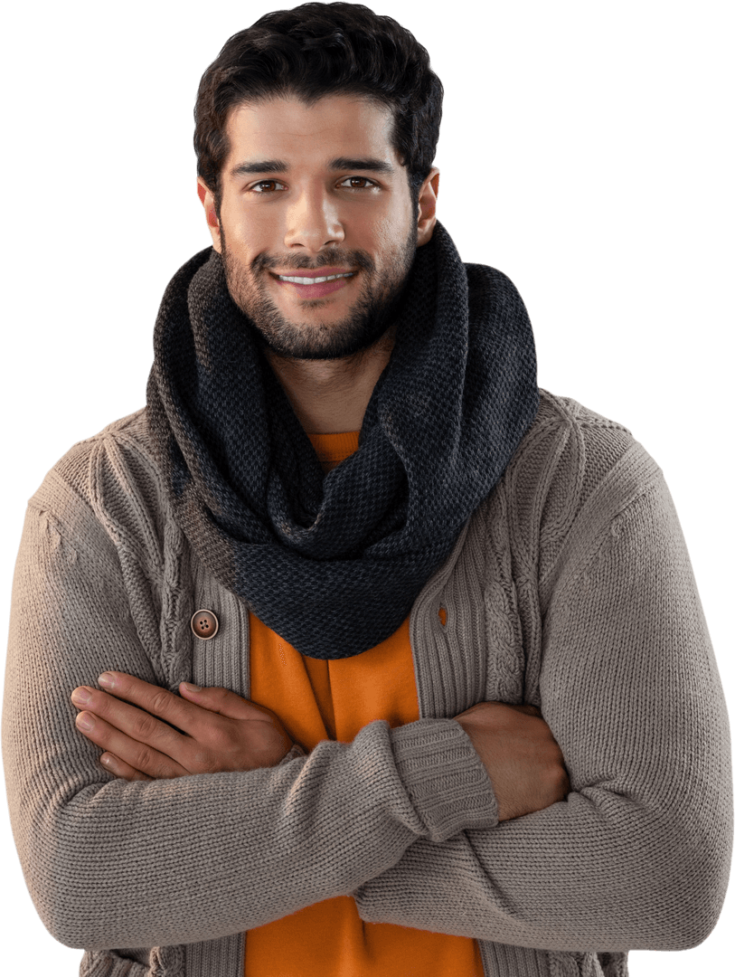 Transparent Portrait of Smiling Man in Cozy Cardigan and Scarf
