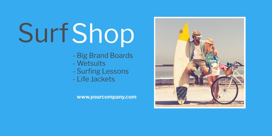 Beach Adventure with Surfer Beside Bicycle for Surf Shop Ad
