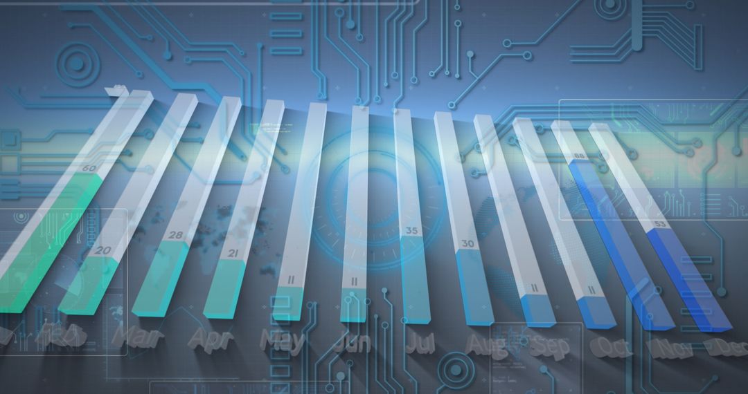 Futuristic 3D Bar Graphs Depicting Data Trends over a Digital Blue Background