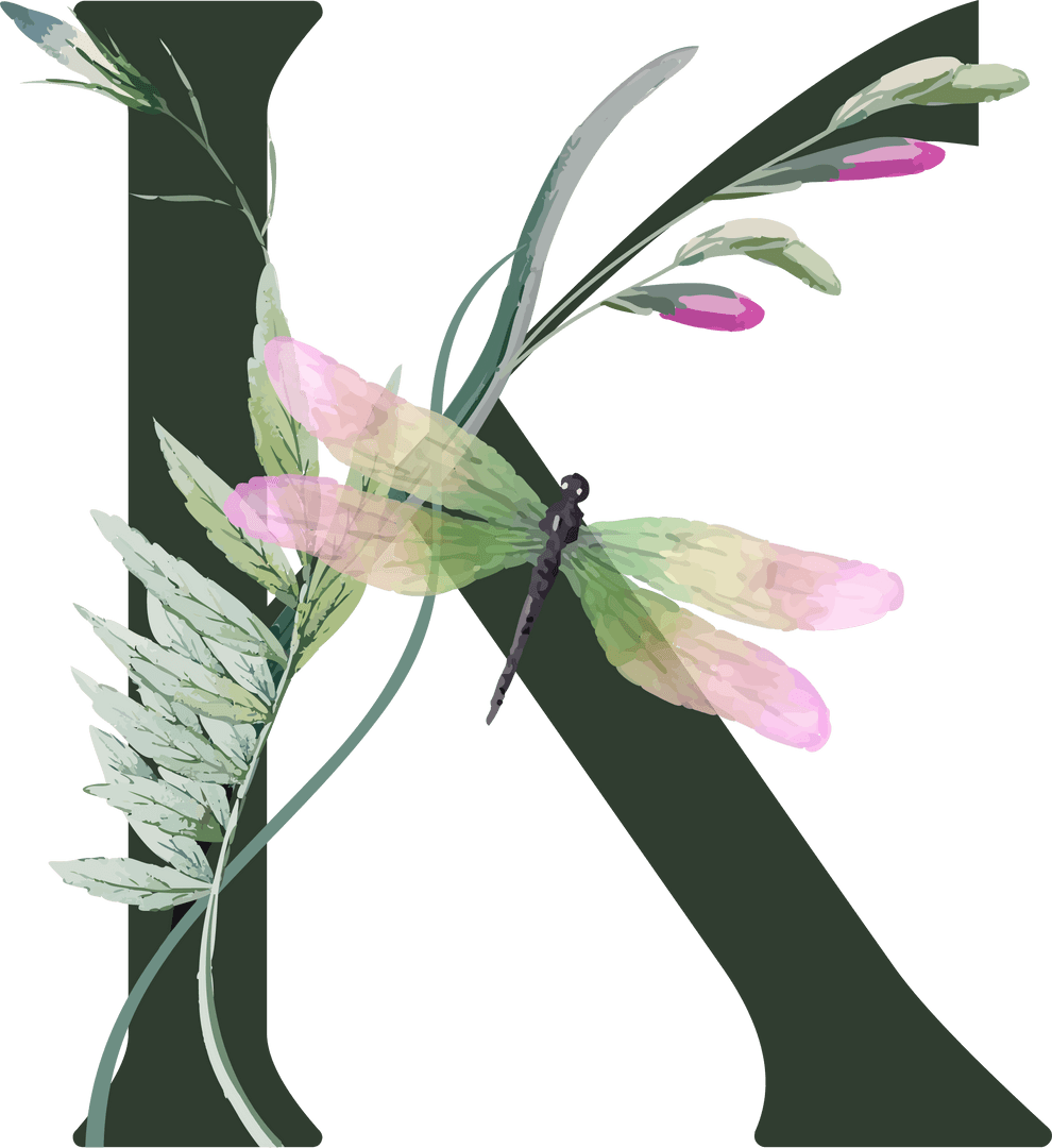Artistic Letter K with Dragonfly and Botanical Design on Transparent Background