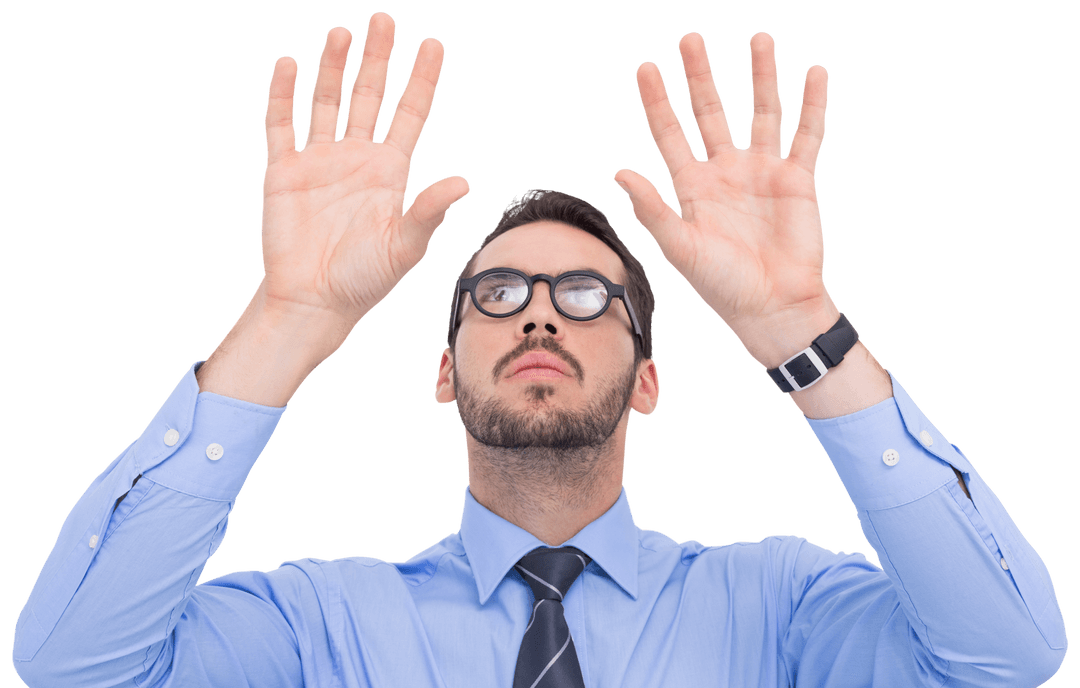 Transparent Businessman Raising Arms with Spread Fingers