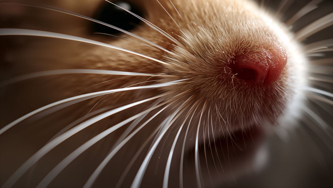 Macro close-up showing rodent snout with pink nose and long white whiskers, fur texture