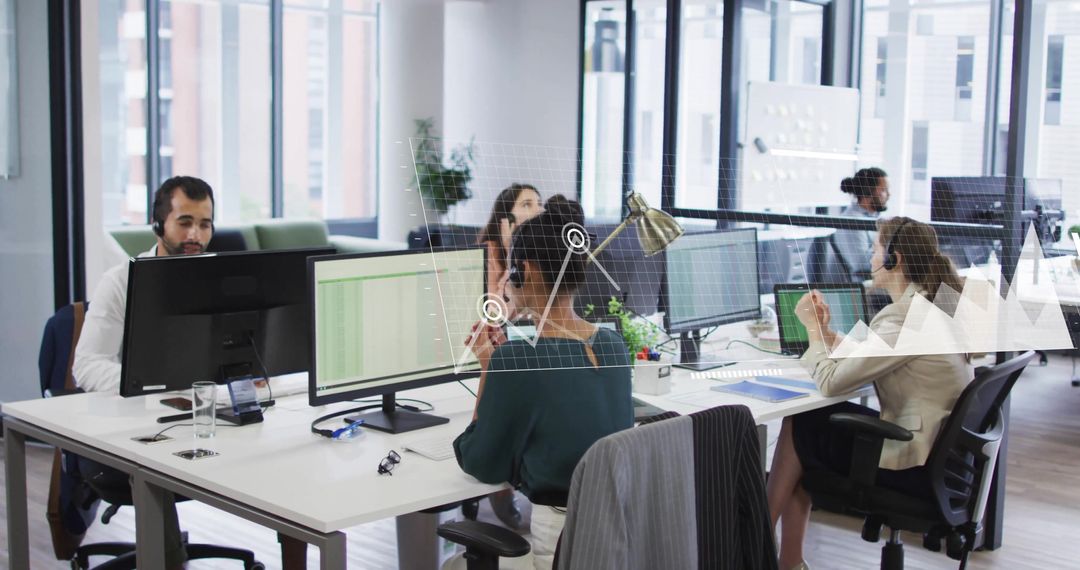 Diverse Team Using Headsets in Modern Office with Digital Data Overlay