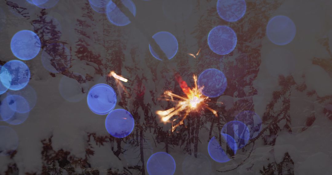 Sparkler and Colorful Lights Over Snowy Woodland