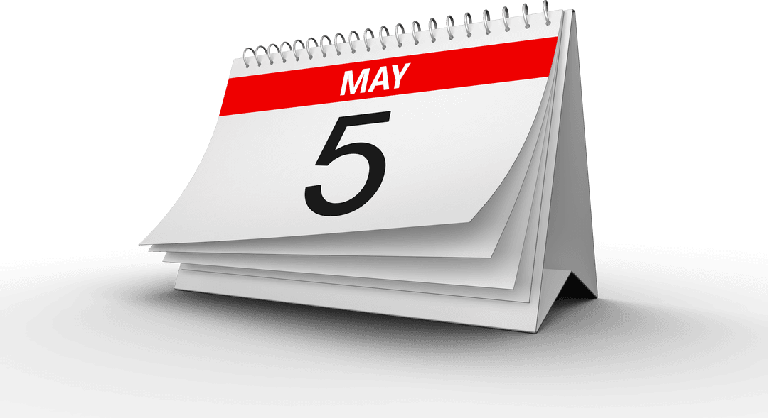 Transparent Calendar Page May 5 Isolated on Clear Background
