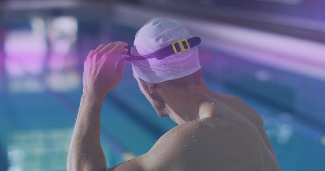 Male Swimmer Adjusting Goggles at Indoor Pool Ready for Dive