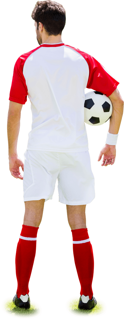 Male Soccer Player in Red and White Kit Holding Ball on Transparent Background