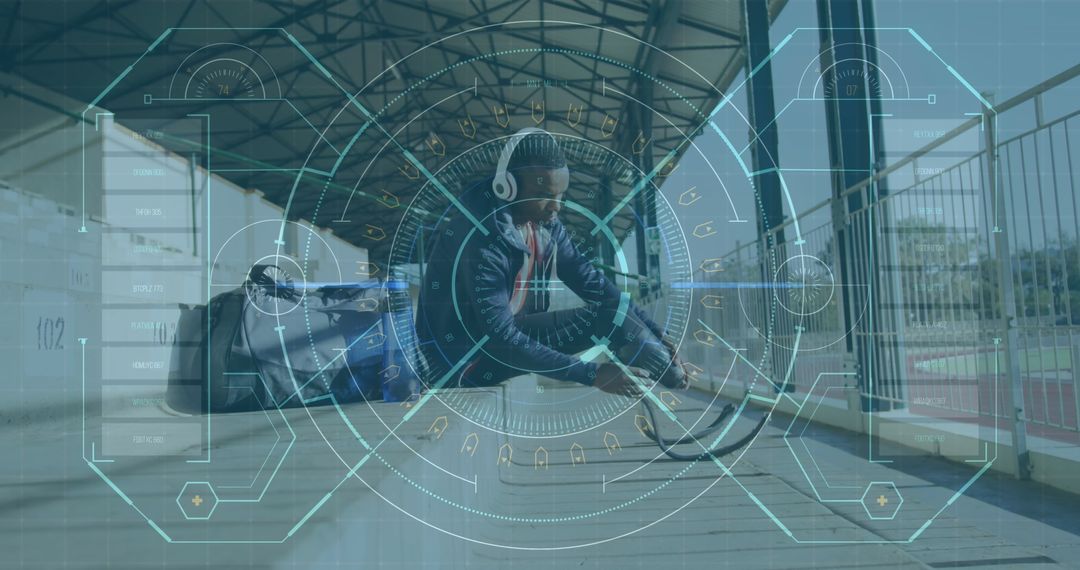 Disabled Male Athlete Analyzing Performance with Futuristic Tech Overlay