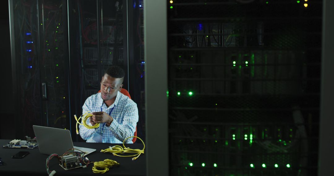 Network Engineer Fixing Cables in Data Center - Free Images, Stock Photos and Pictures on Pikwizard.com