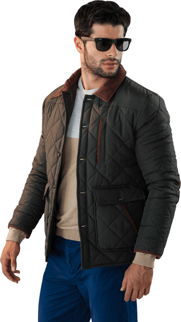 Confident Young Man in Sunglasses with Quilted Jacket Transparent