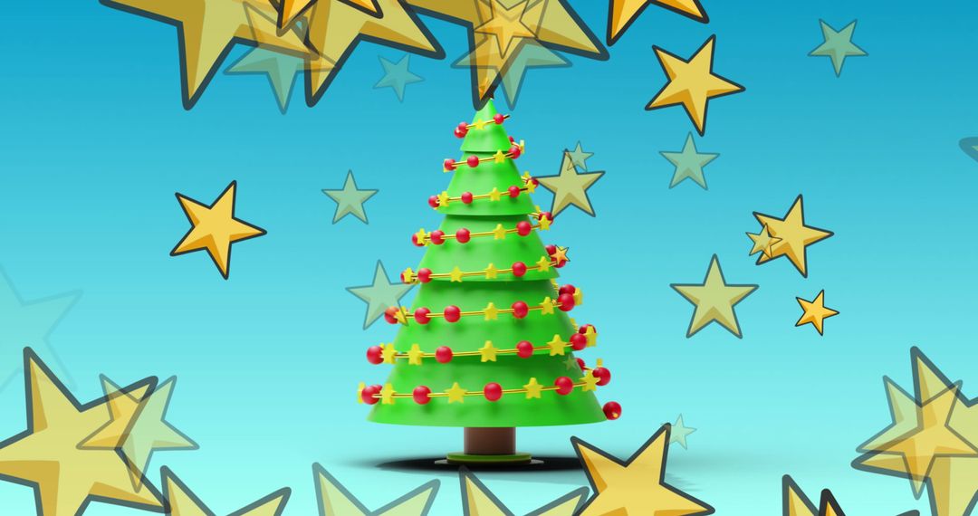 Festive Christmas Tree with Floating Stars on Sky Blue Background