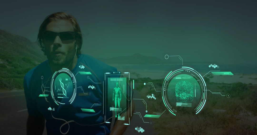 Caucasian Man Running with Futuristic Data Overlay