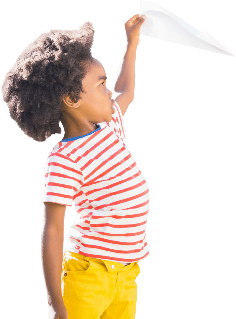 Joyful Boy Flying Transparent Paper Airplane in Striped Shirt